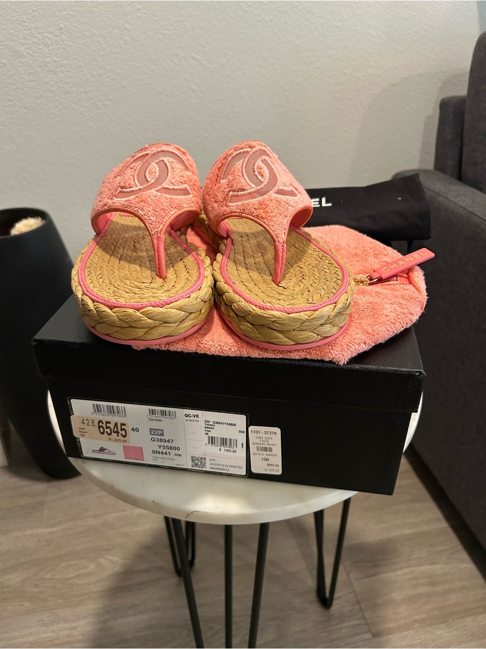 CHANEL Kids Coral Pink Terrycloth Espadrille Thong Sandals